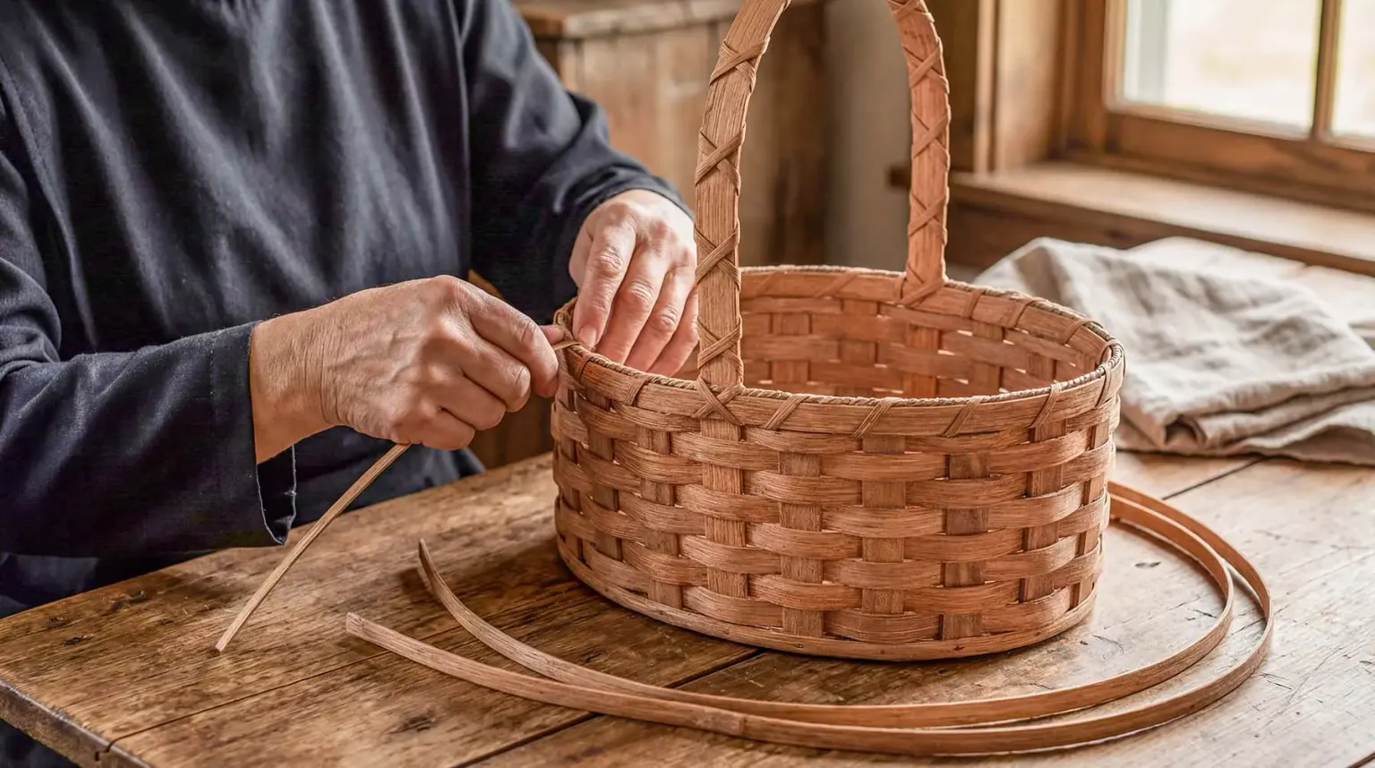 Amish woman hand-weaving an Easter basket